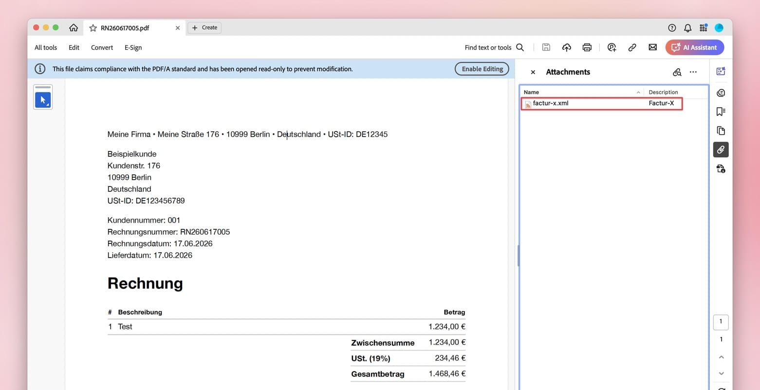 Adobe Acrobat showing a ZUGFeRD invoice with an attached XML file.