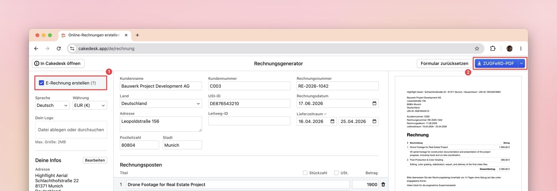 Online-Rechnungsgenerator mit aktivierter E-Rechnung und Download-Option für ein ZUGFeRD-PDF.