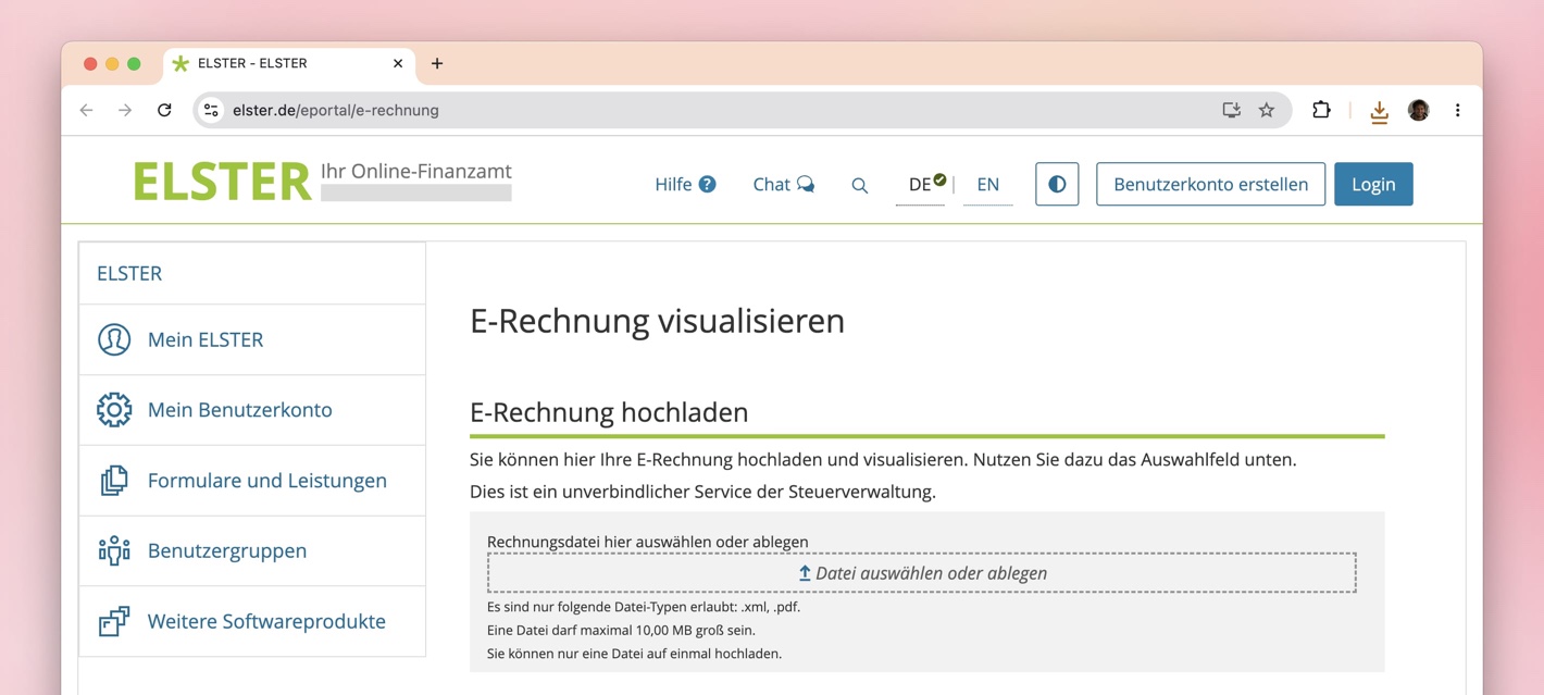 ELSTER-Website zum Hochladen und Visualisieren von E-Rechnungen.