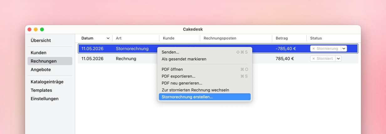 Kontextmenü einer Stornorechnung mit der Aktion eine weitere Stornorechnung zu erstellen