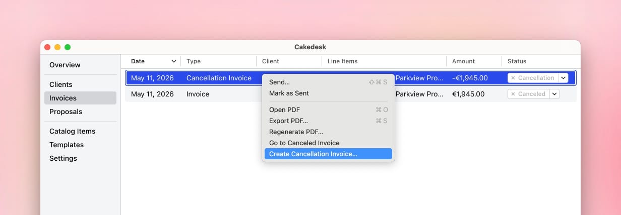 Context menu for a cancellation invoice with the Create Cancellation Invoice action available