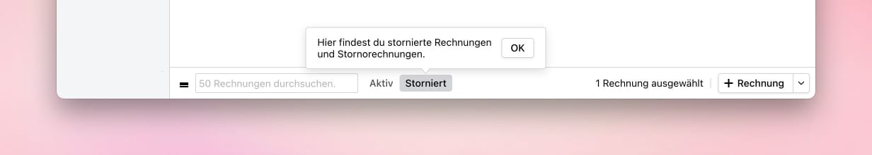 Navigationsleiste der Rechnungsübersicht mit aktivem Tab Storniert und Hinweis zu stornierten Rechnungen