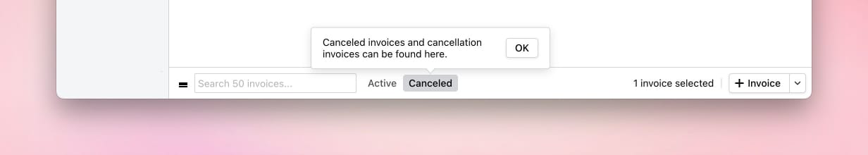 Invoice list bottom navigation with the Canceled tab selected and a note about canceled invoices