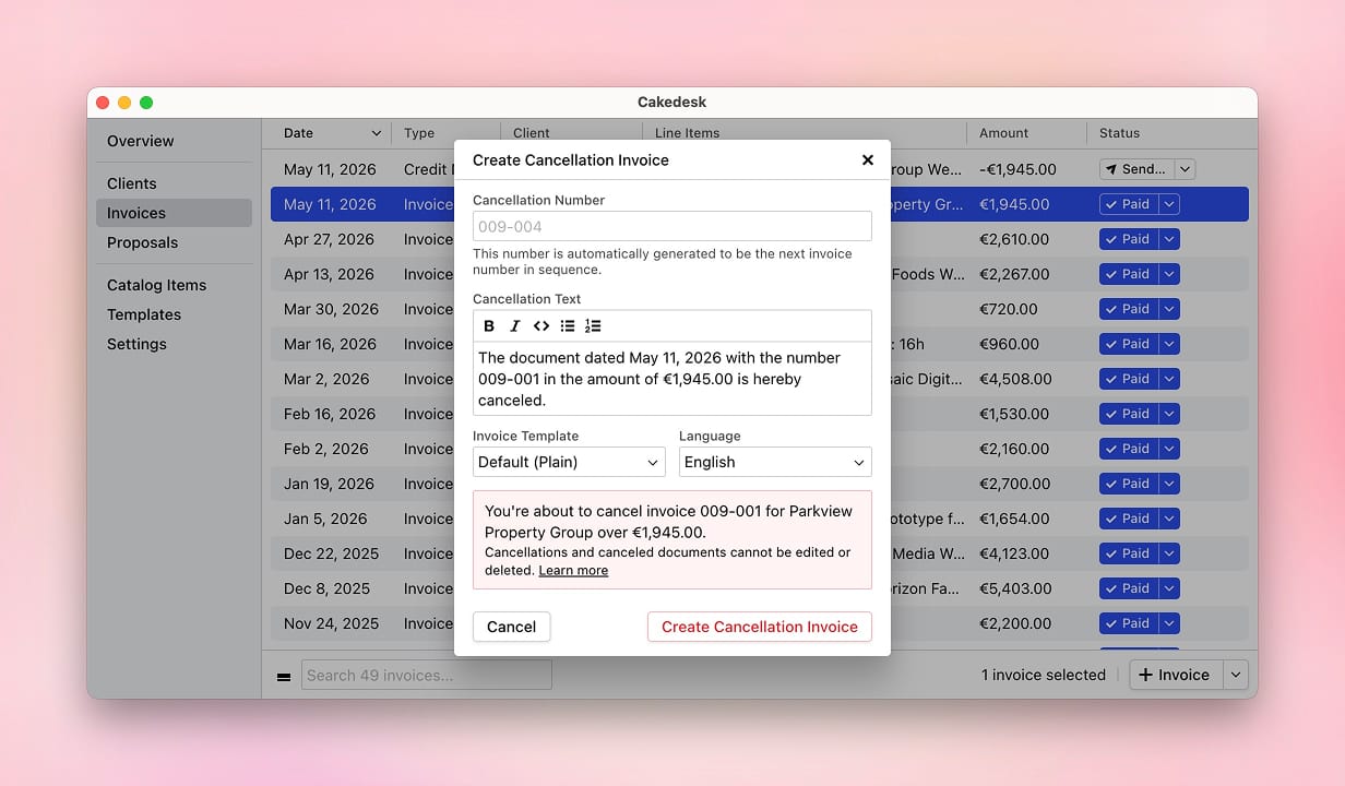 Create Cancellation Invoice dialog with fields for cancellation number, cancellation text, template, and language
