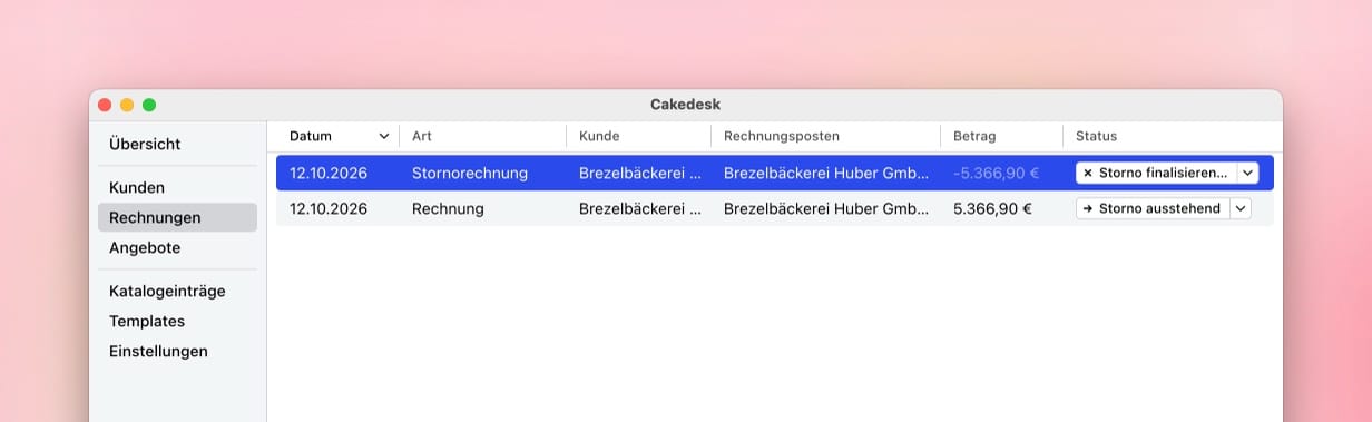 Rechnungsübersicht im Strict Mode mit einer Stornorechnung im Entwurf mit Storno finalisieren und der ursprünglichen Rechnung mit Storno ausstehend
