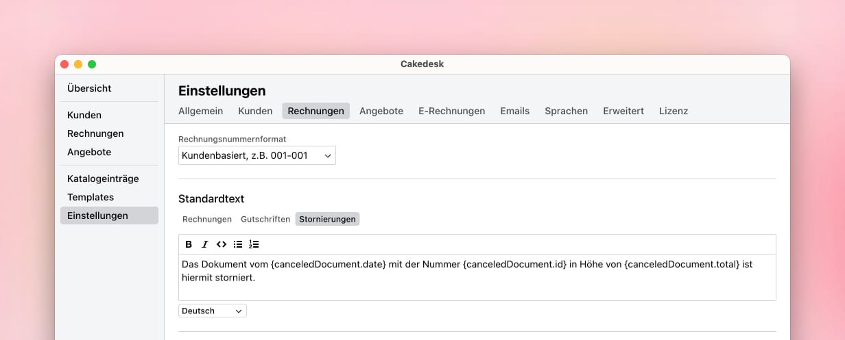 Einstellungen für Rechnungen mit dem Tab Stornierungen und dem Standard-Stornotext