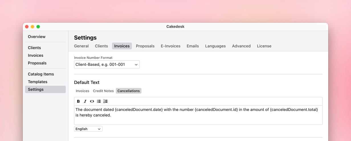 Invoice settings with the Cancellations tab selected and the default cancellation text editor