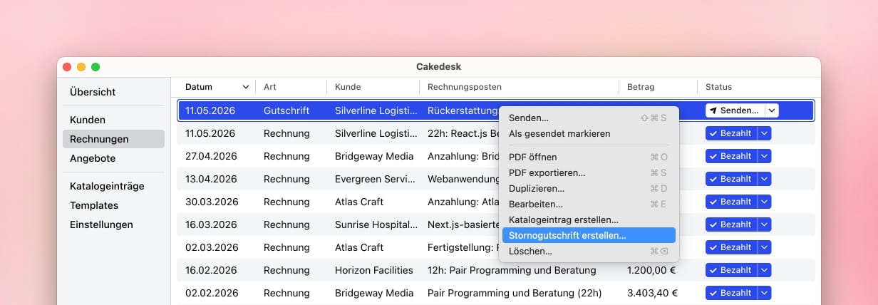 Rechnungsübersicht mit ausgewählter Gutschrift und Kontextaktion Stornogutschrift erstellen