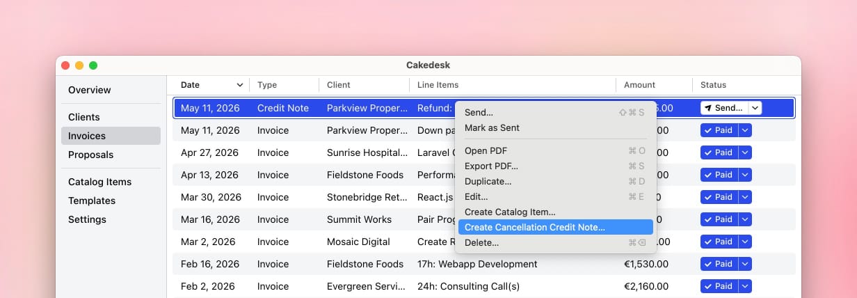 Invoice list with a selected credit note and the Create Cancellation Credit Note action open
