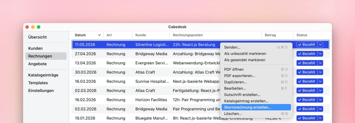 Rechnungsübersicht in Cakedesk mit geöffneter Kontextaktion Stornorechnung erstellen für eine ausgewählte Rechnung
