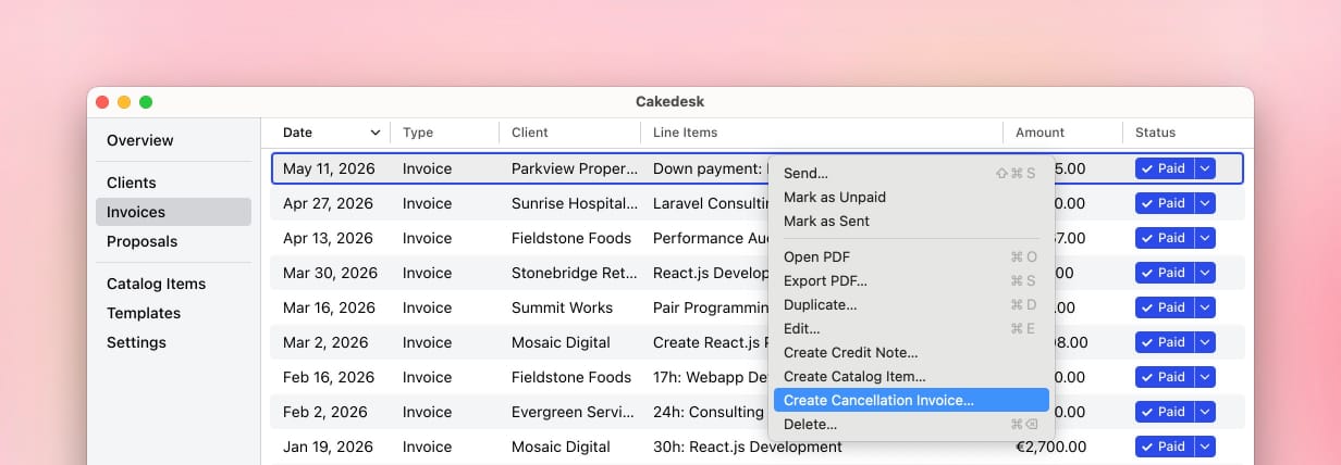 Cakedesk invoice list with the Create Cancellation Invoice action open for a selected invoice