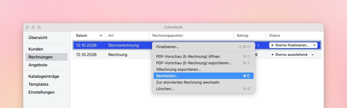 Kontextmenü einer Stornorechnung im Entwurf im Strict Mode mit ausgewählter Aktion Bearbeiten