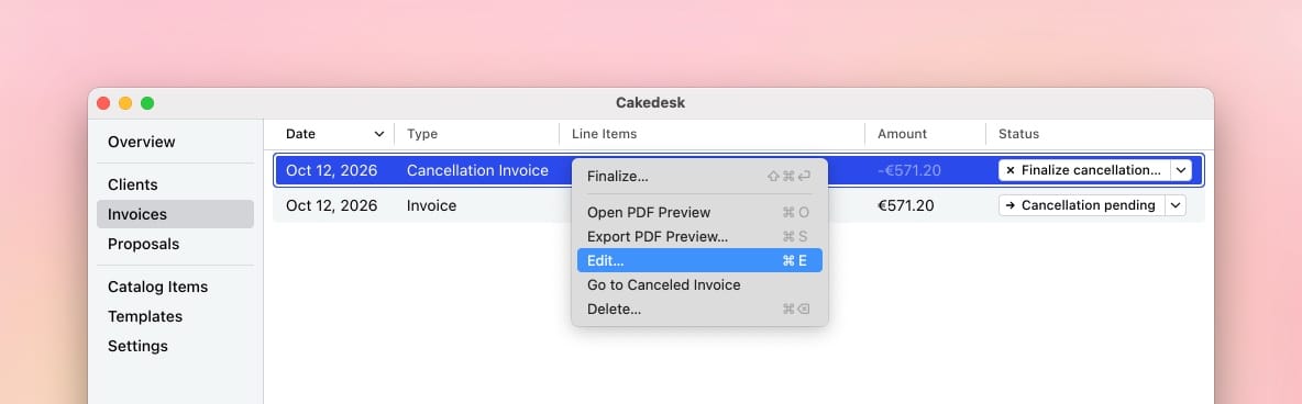 Context menu for a draft cancellation invoice in Strict Mode with the Edit action selected