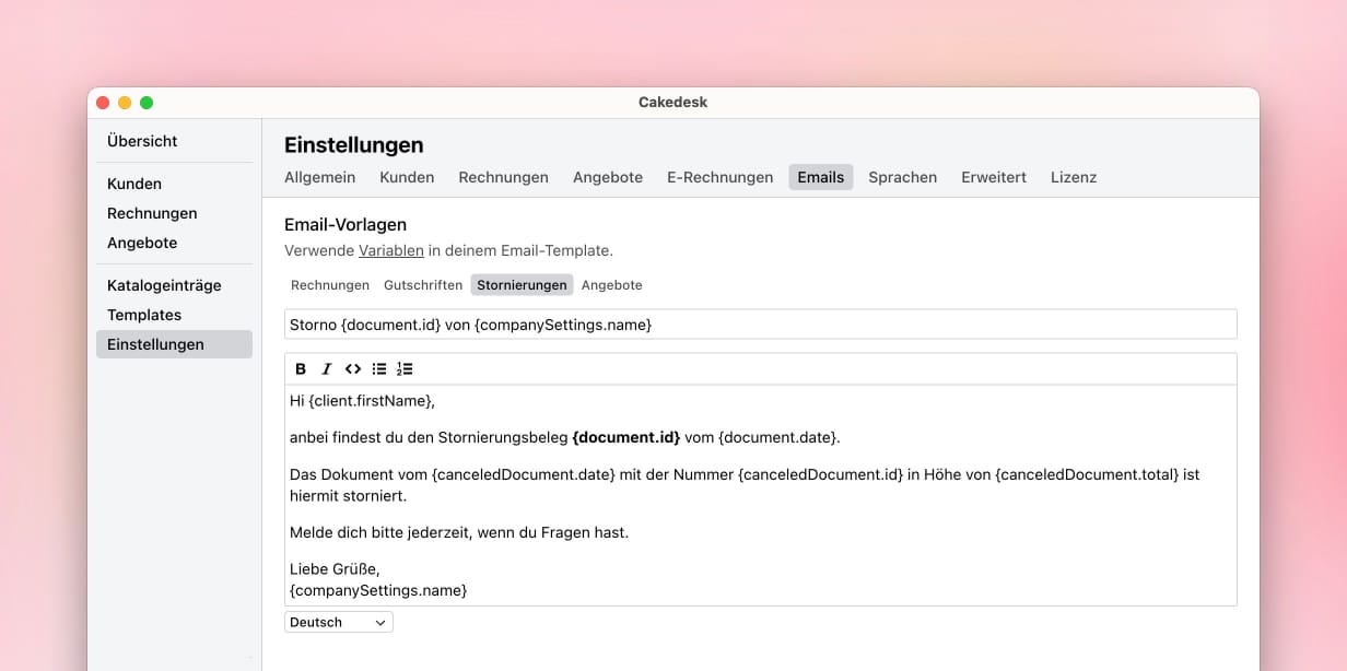 Einstellungen für Email-Vorlagen mit ausgewähltem Tab Stornierungen und Textvariablen für Stornierungsbelege