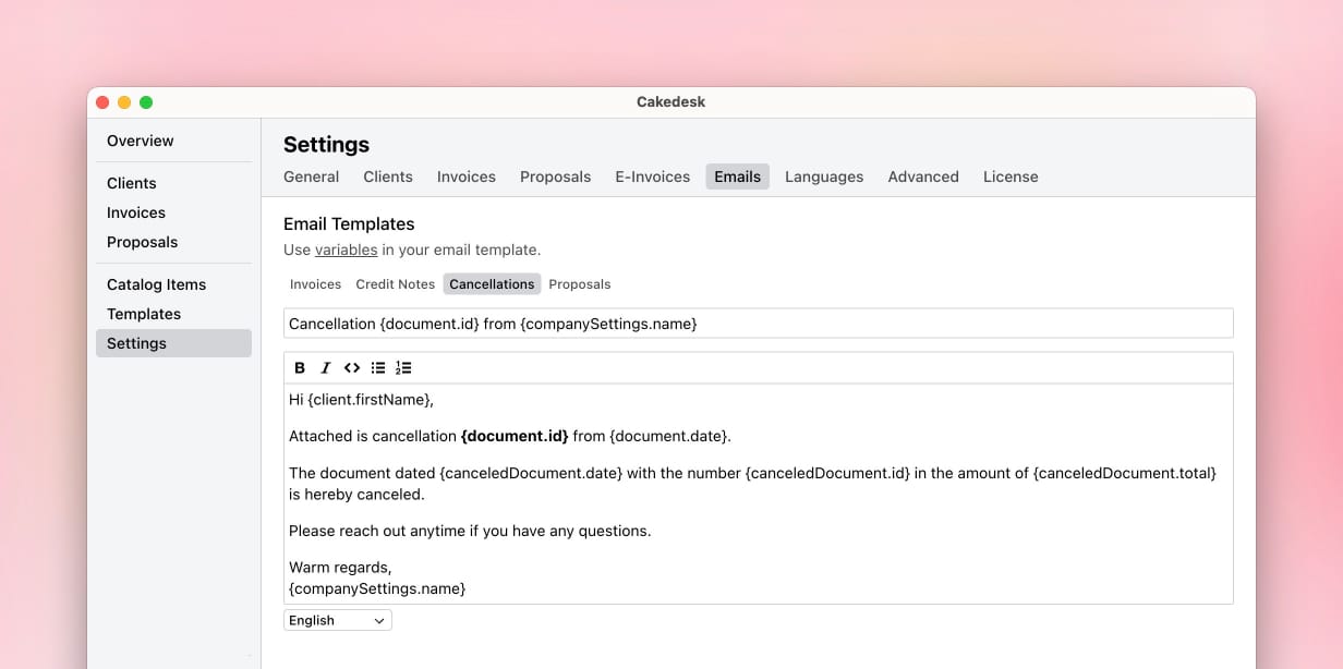 Email template settings with the Cancellations tab selected and variables for cancellation documents