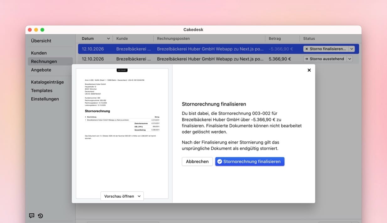 Dialog Stornorechnung finalisieren mit PDF-Vorschau der Stornorechnung im Entwurf