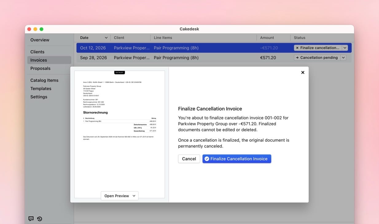 Finalize Cancellation Invoice dialog with a PDF preview of the draft cancellation invoice