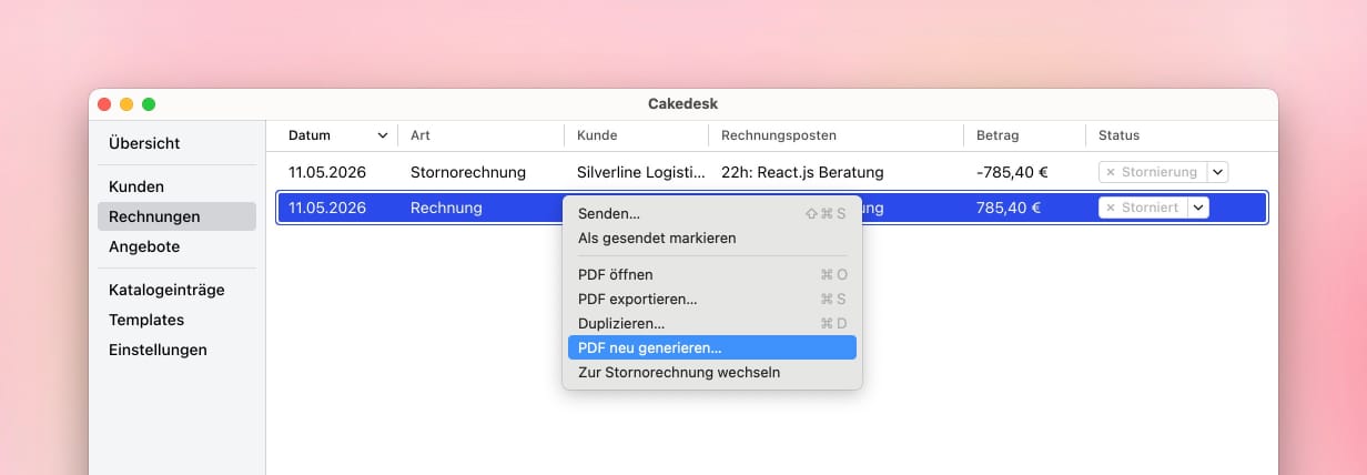 Kontextmenü einer stornierten Rechnung mit der Aktion PDF neu generieren