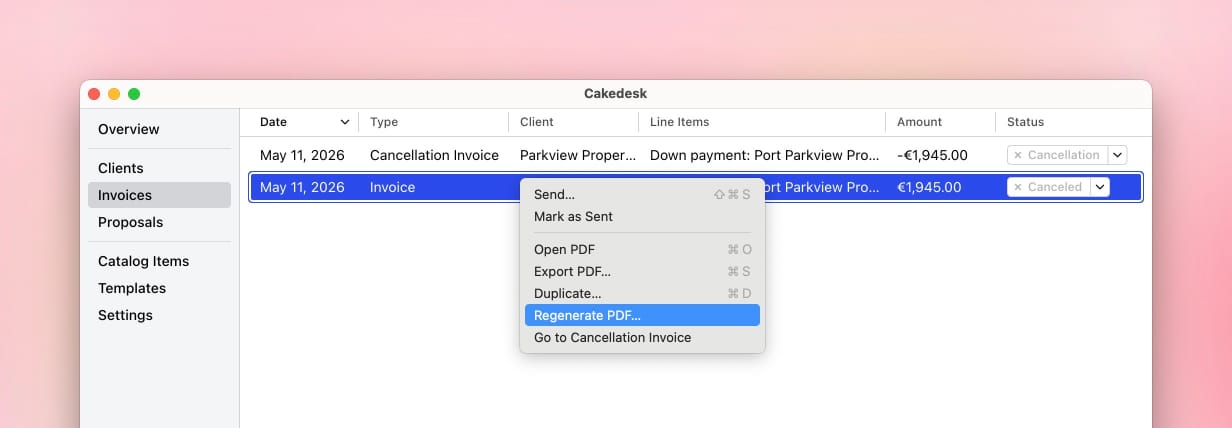 Context menu for a canceled invoice with the Regenerate PDF action selected