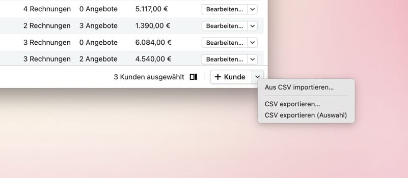 Kundenliste mit drei ausgewählten Kunden und geöffnetem CSV-Exportmenü.
