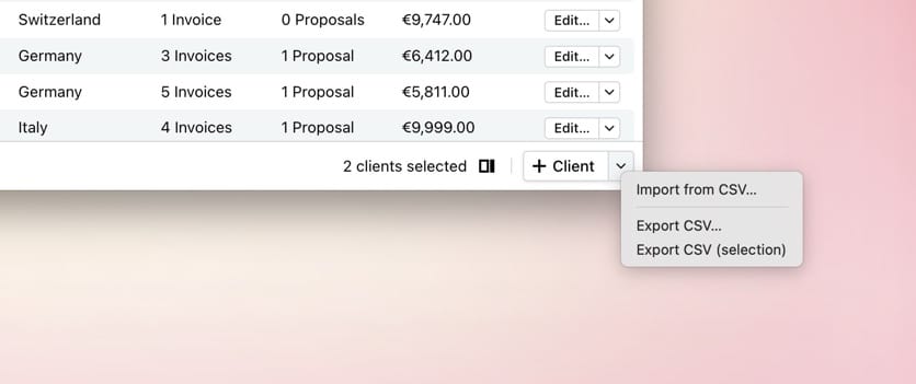 Client list with two clients selected and the Export CSV menu open.