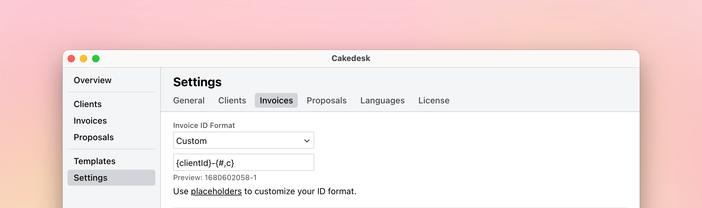 Cakedesk invoice settings showing off a custom ID format.