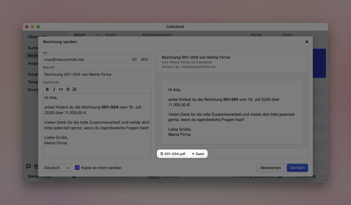Cakedesk-Dialog zum Senden einer Rechnung mit automatisch angehängter PDF-Datei und dem Button „+ Datei“ zum Hinzufügen weiterer Anhänge