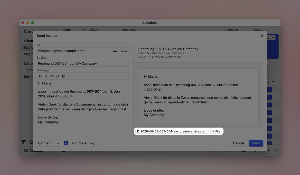 Cakedesk send-invoice dialog with the automatically attached PDF and the + File button for adding more attachments