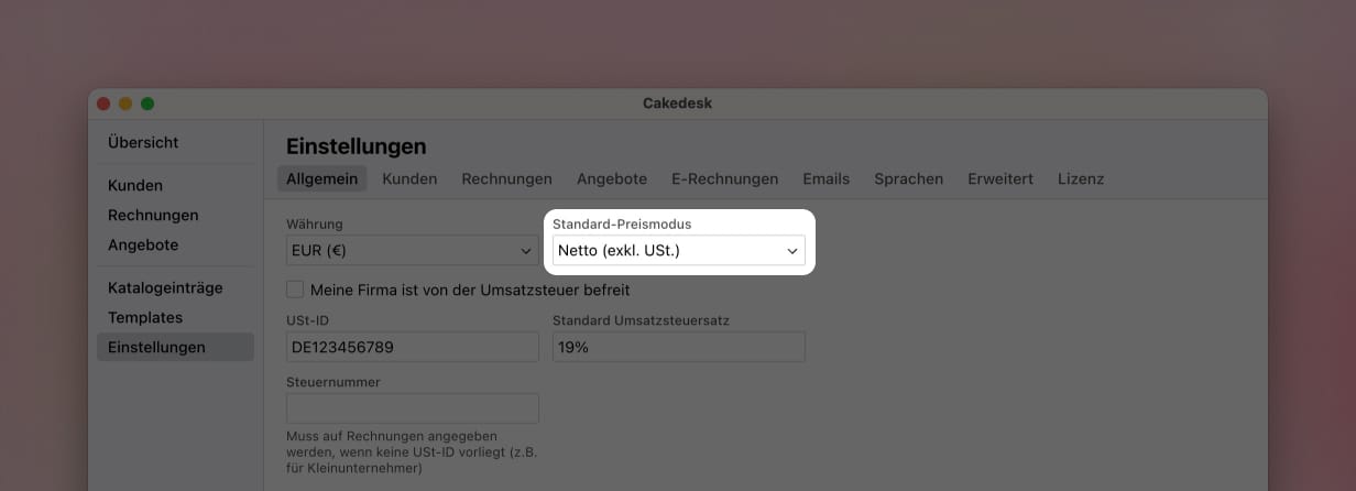 Einstellungen > Allgemein mit dem Dropdown für den Standard-Preismodus