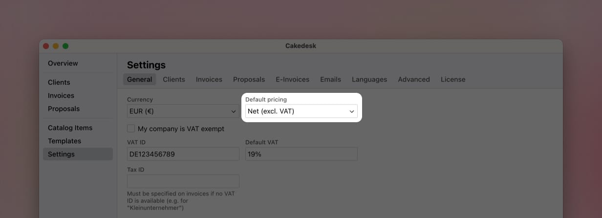 Settings > General with the Default pricing dropdown set to Net (excl. VAT)