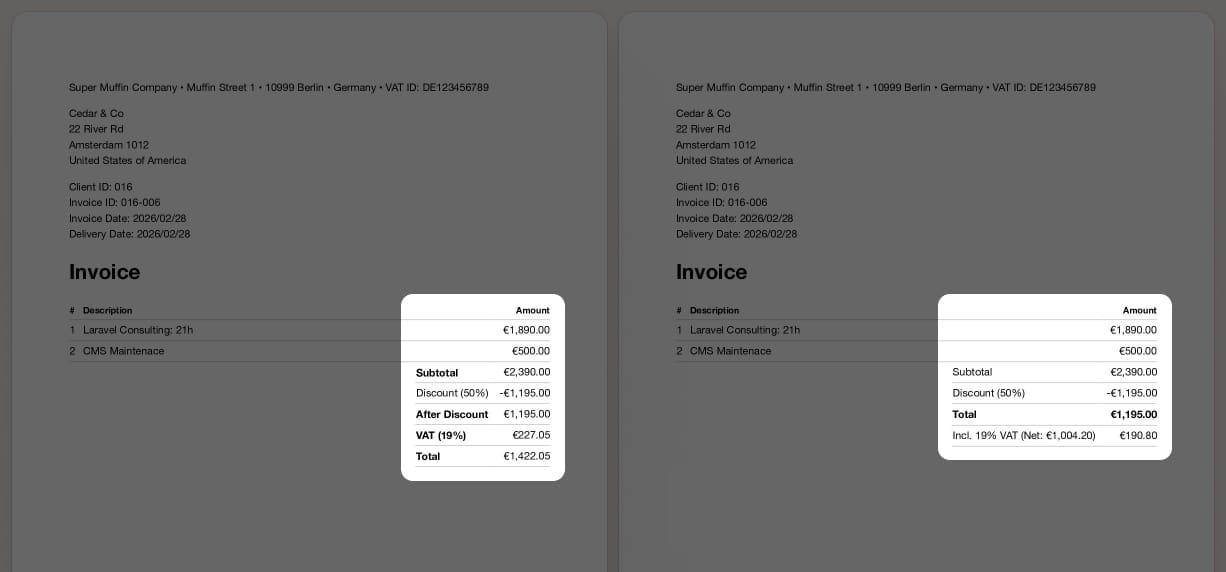 Net invoice (left) vs. gross invoice (right) showing the different summary layouts