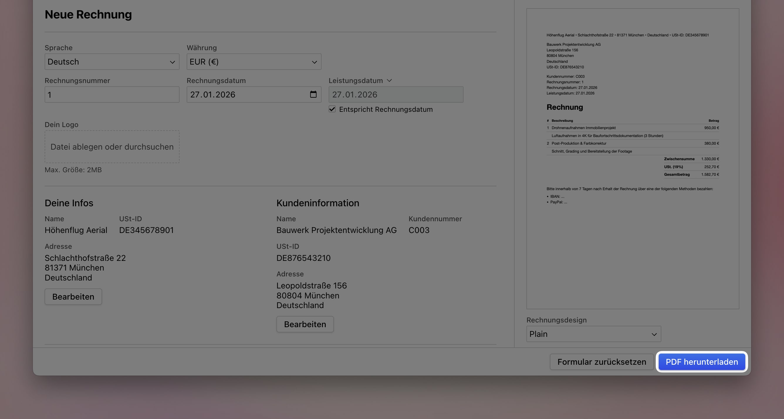 Online-Rechnungsformular mit hervorgehobenem Button 'PDF herunterladen'