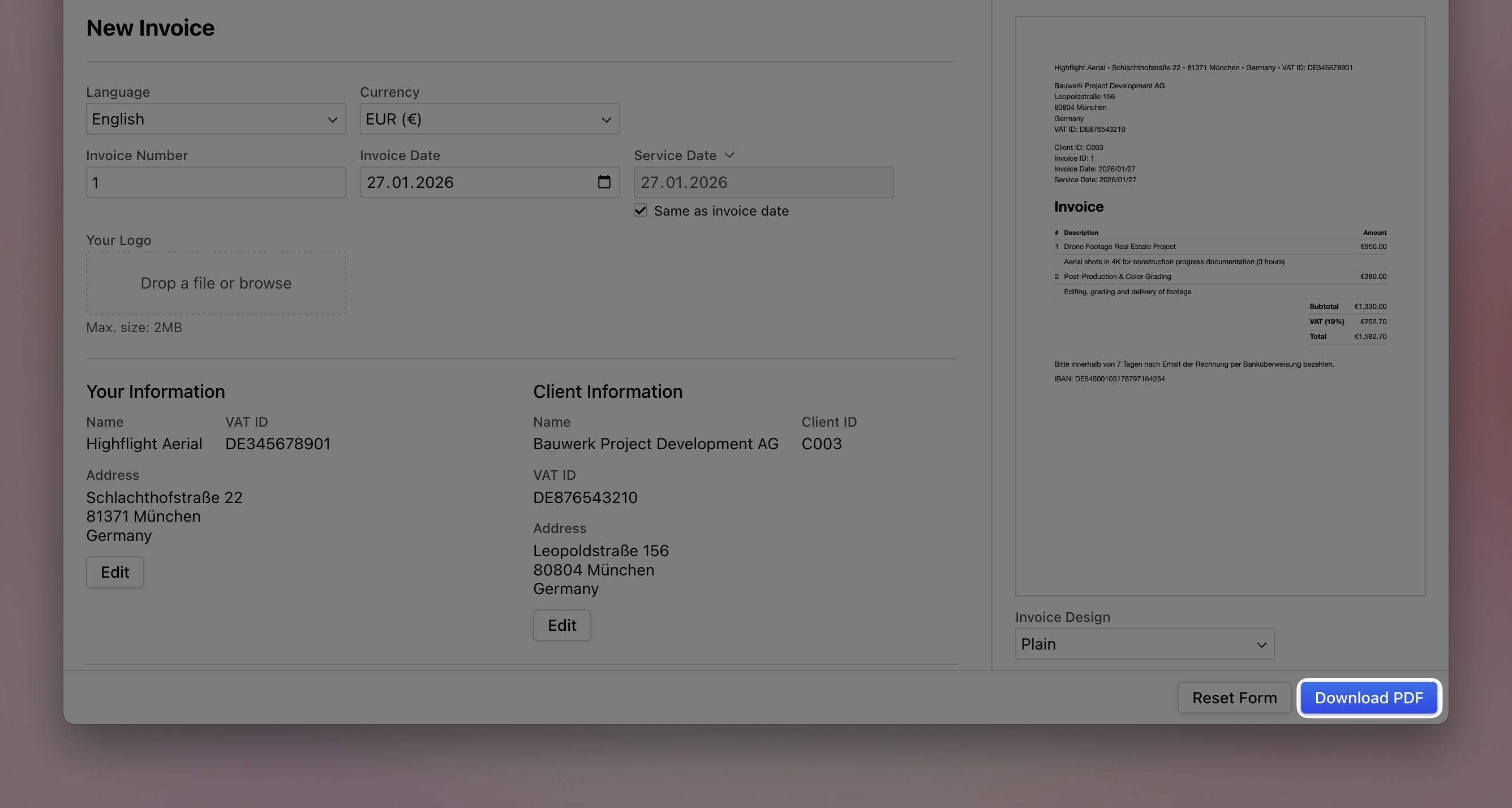 Online invoice form with highlighted 'Download PDF' button