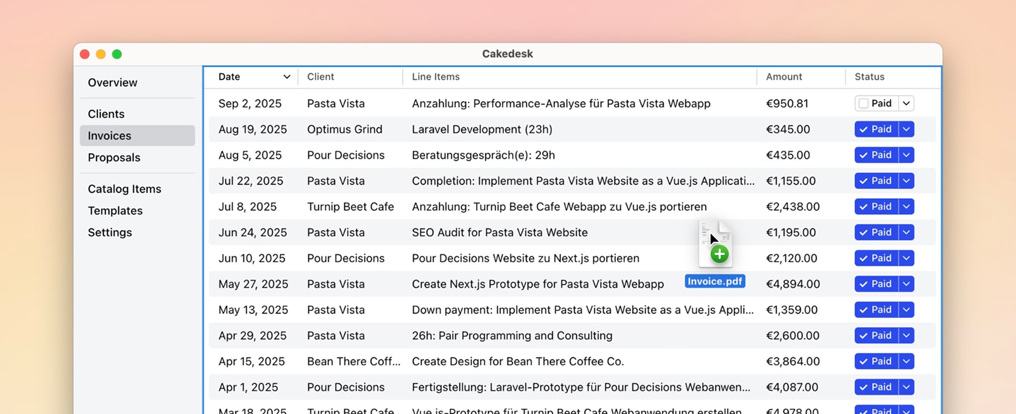 Cakedesk invoice overview with a PDF file being imported via drag and drop