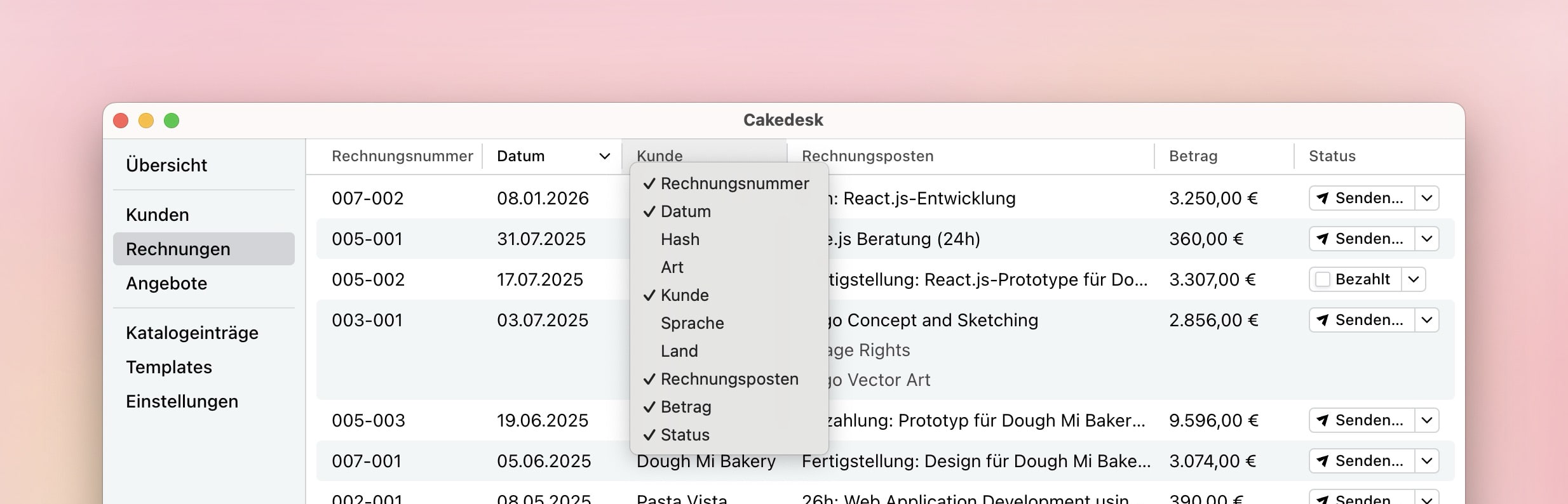 Kontextmenü zum Anpassen der Spalten in der Rechnungsübersicht