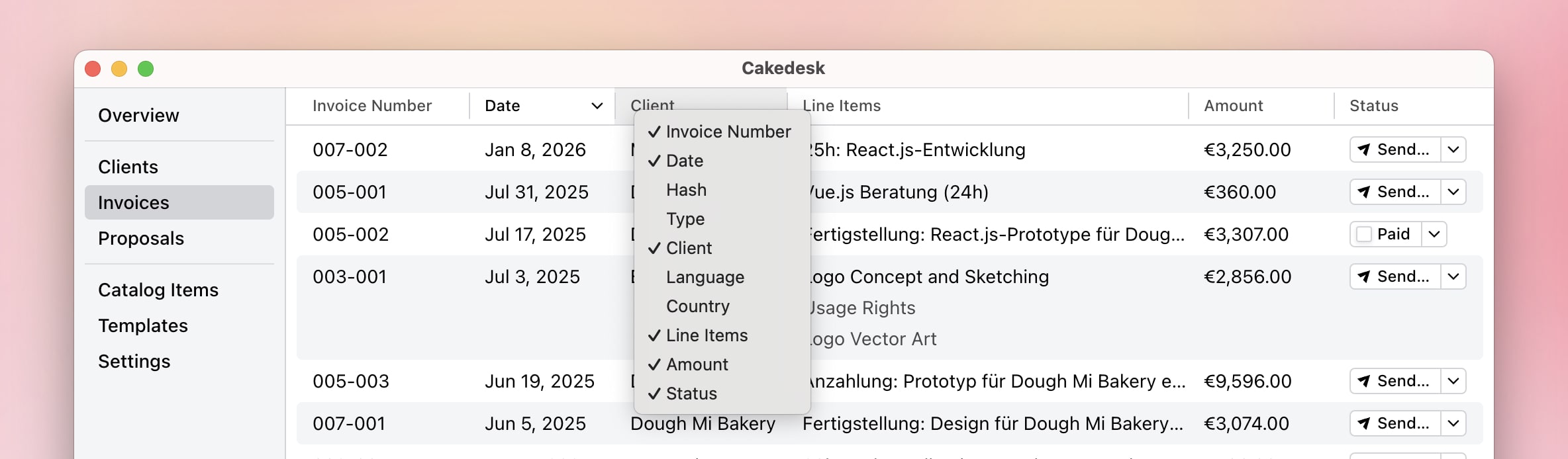 Context menu for customizing columns in the invoice list
