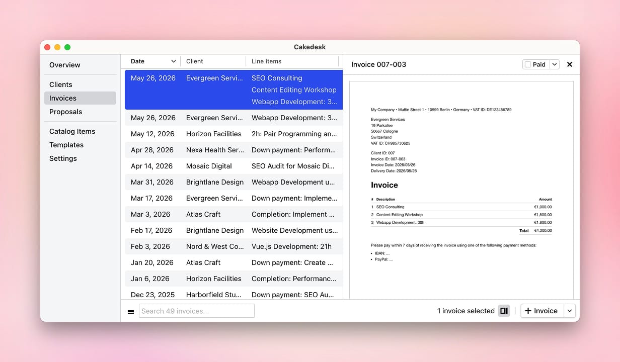 Invoice list with the preview sidebar open for the selected invoice.