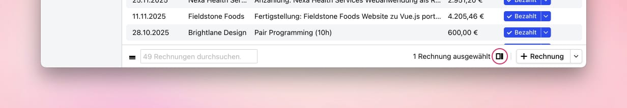 Button zum Einblenden der Seitenleiste unten rechts in der Rechnungsübersicht.