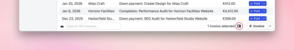 Sidebar toggle button in the bottom right of the invoice list.