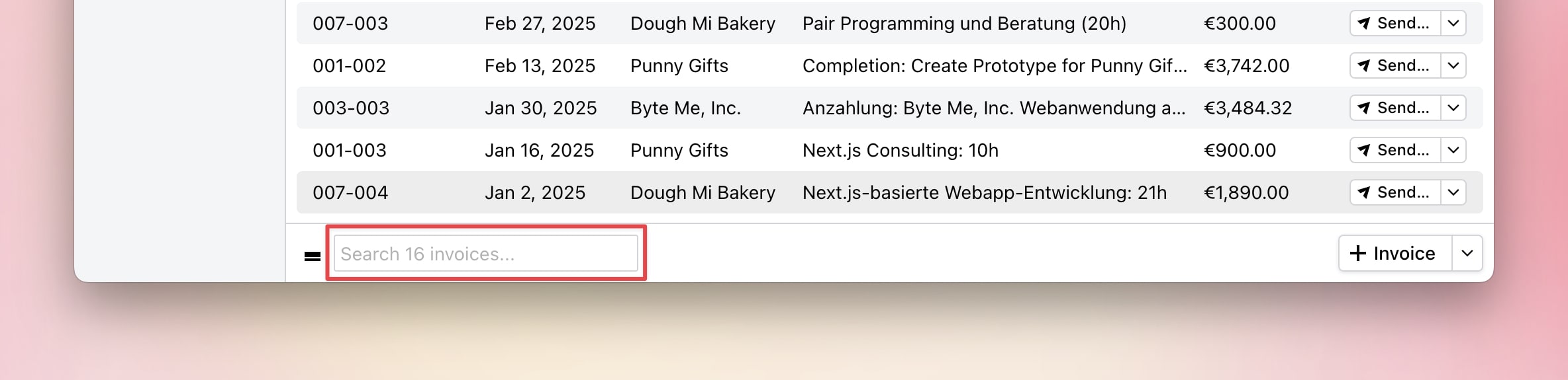 Search field in the invoice list