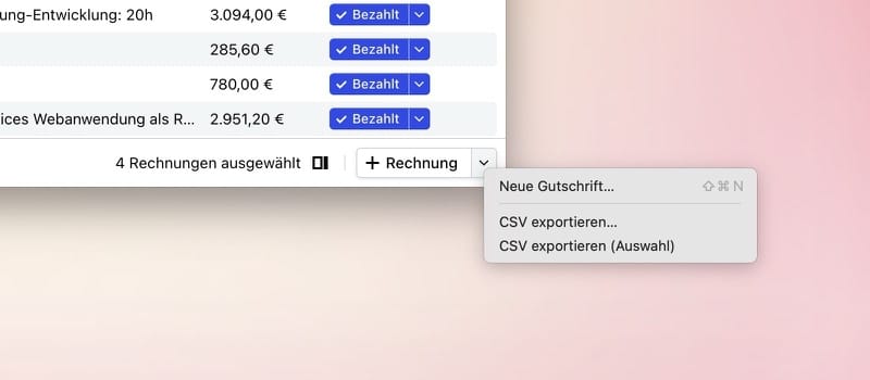 Rechnungsliste mit vier ausgewählten Rechnungen und geöffnetem CSV-Exportmenü.
