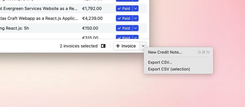 Invoice list with two invoices selected and the Export CSV menu open.