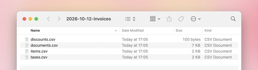 Finder-Fenster mit einem exportierten Rechnungsordner mit den Dateien documents.csv, items.csv, discounts.csv und taxes.csv.