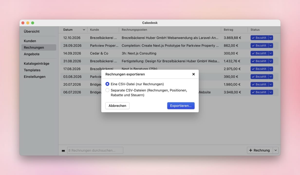 Dialog Rechnungen exportieren mit den Optionen Eine CSV-Datei und Separate CSV-Dateien.