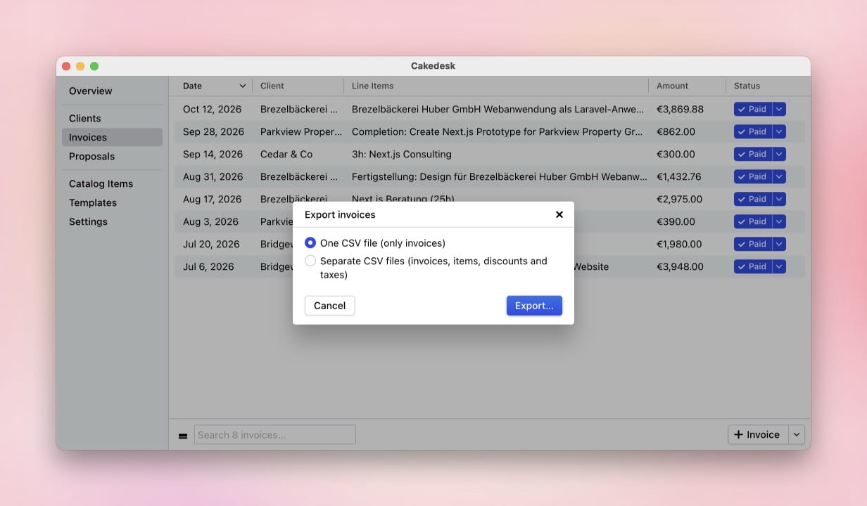 Export invoices dialog with the options One CSV file and Separate CSV files.