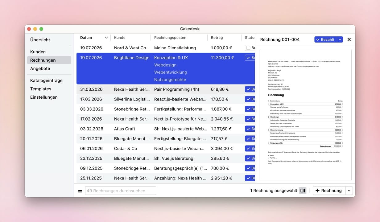 Cakedesk-Rechnungsübersicht mit Rechnungsliste und Vorschau der ausgewählten Rechnung.