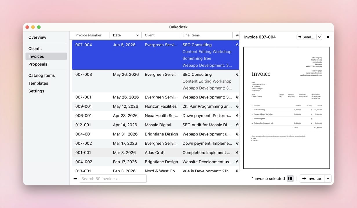 Cakedesk invoice overview with an invoice list and a preview of the selected invoice.