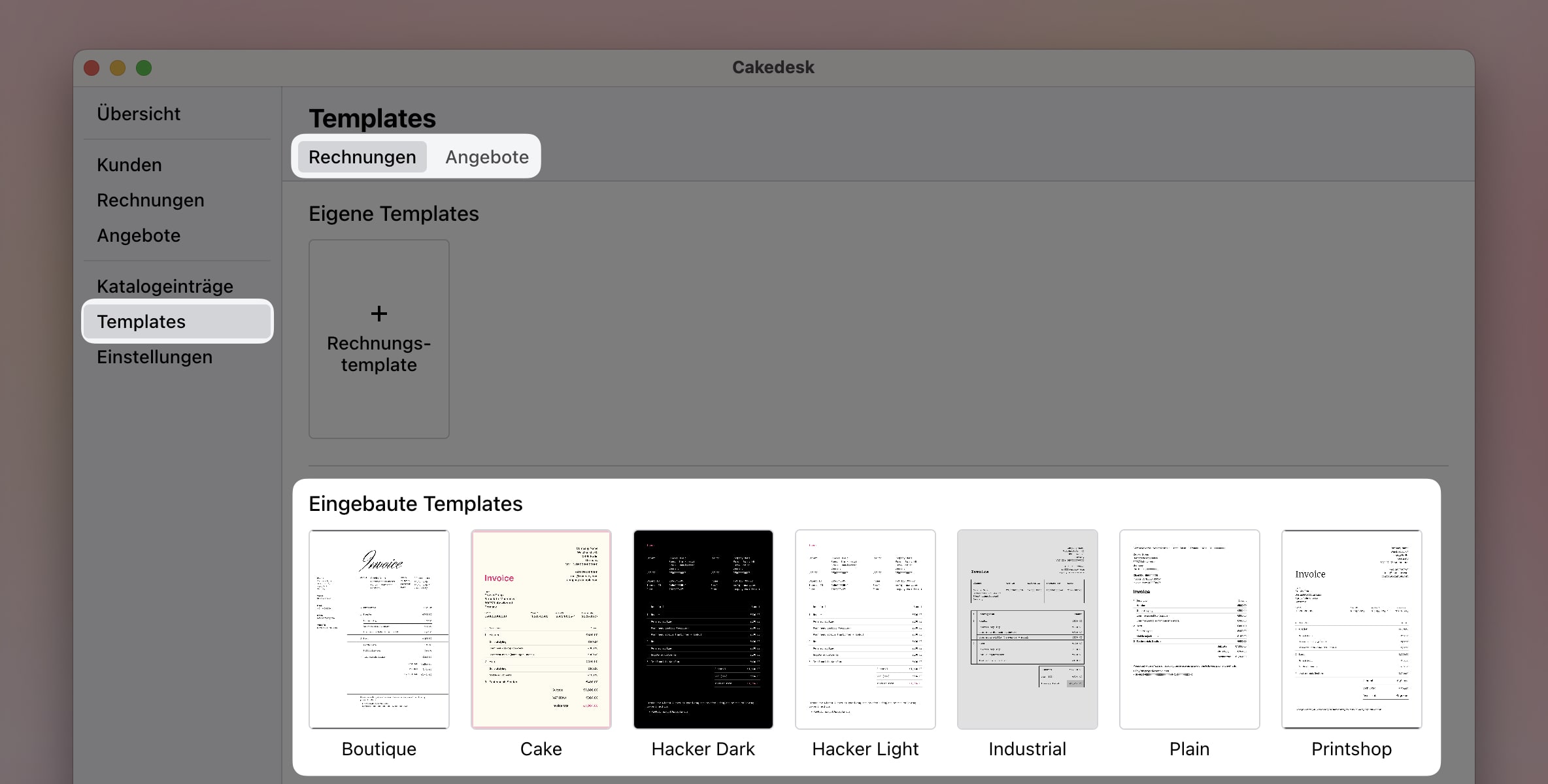 Vorlagen-Bildschirm mit integrierten Vorlagen wie Boutique, Cake, Hacker Dark und anderen Rechnungsvorlagen