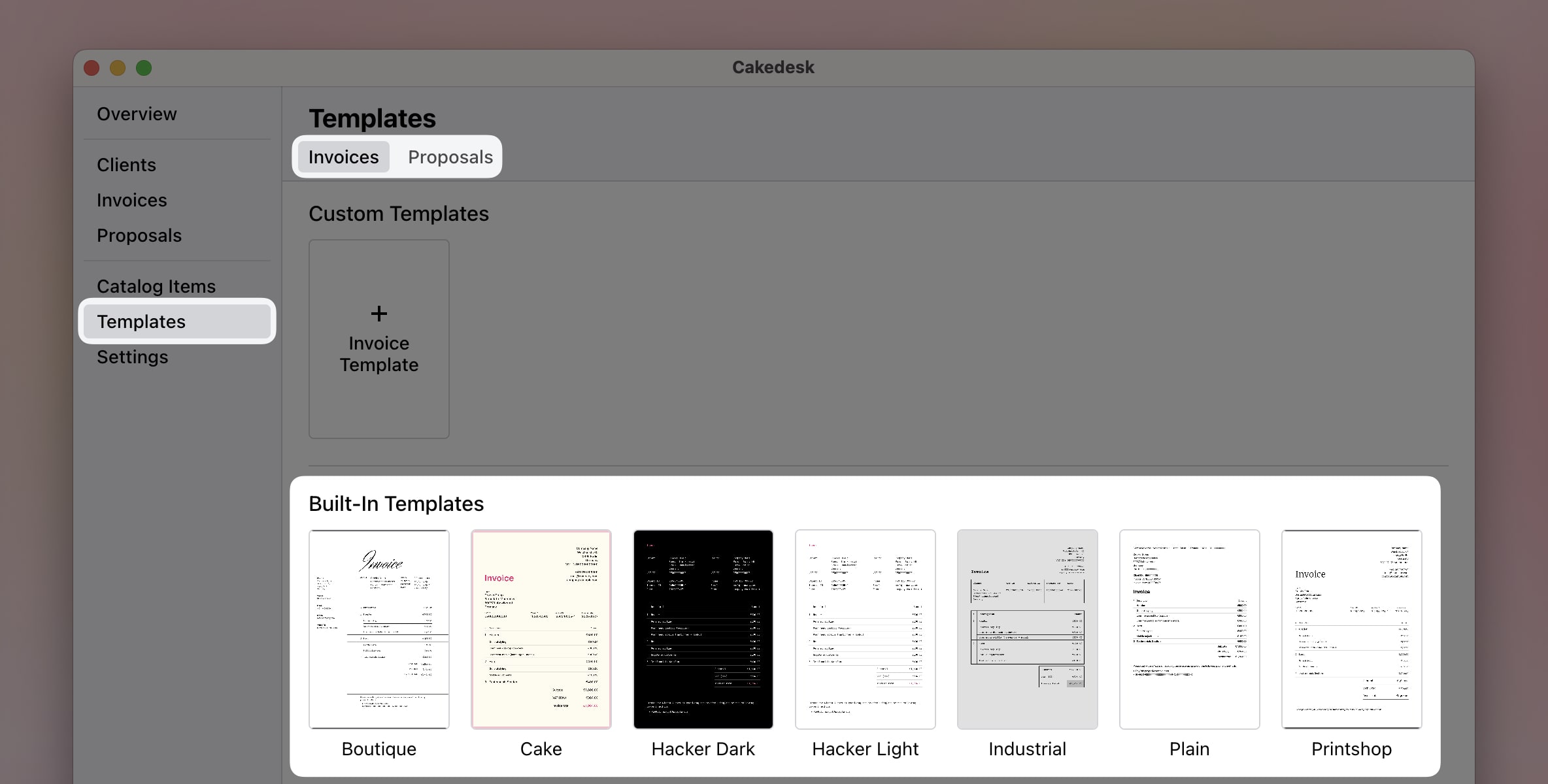 Templates screen showing built-in templates including Boutique, Cake, Hacker Dark, and other invoice templates