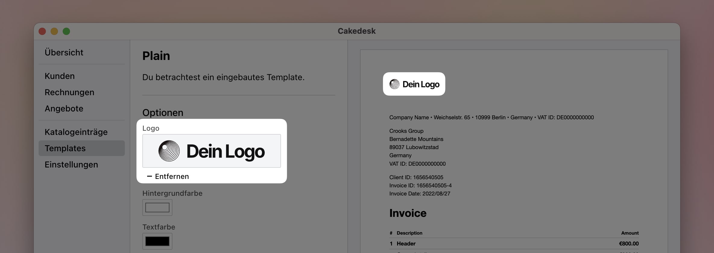 Vorlagenoptionen-Bildschirm mit Logo-Upload-Feld, Entfernen-Schaltfläche, Hintergrundfarbauswahl und Textfarbauswahl